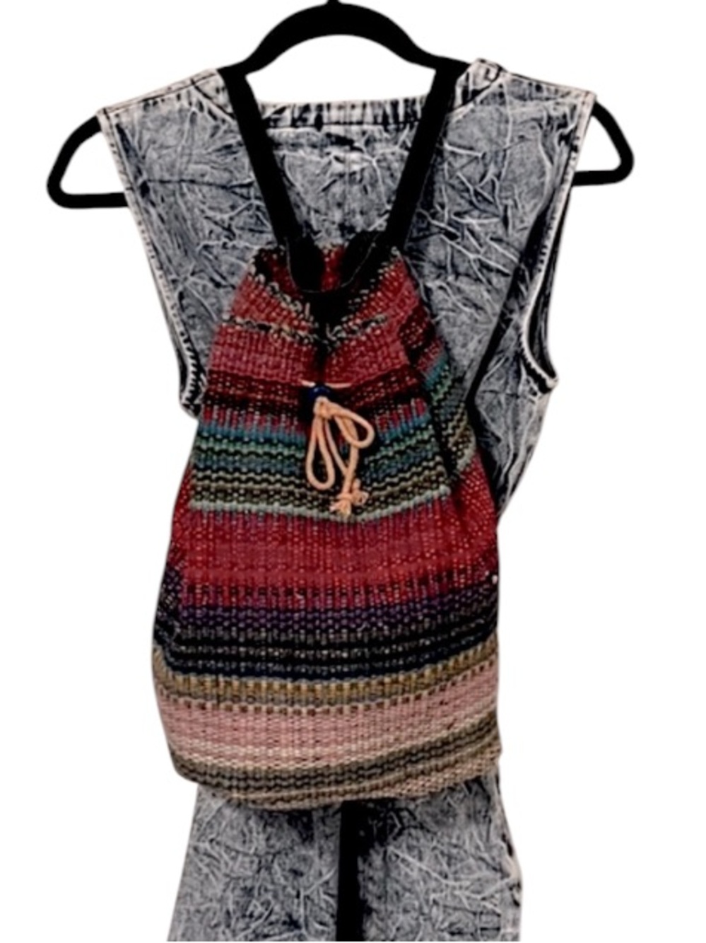 Vintage Woman’s Multi Color Striped Rug Drawstring Backpack